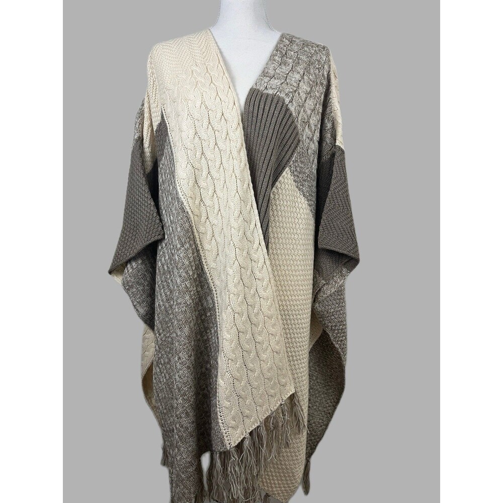 Knox Rose Womens XXL Colorblock Cable Knit Open Fringe Poncho Cardigan
